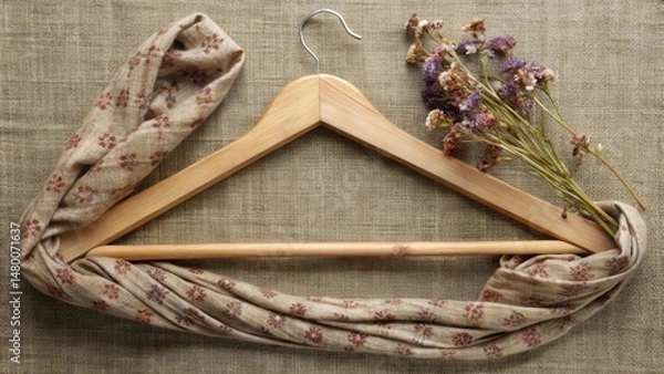 Obraz A wooden hanger adorned with a patterned scarf and a sprig of dried flowers, resting upon a textured beige fabric