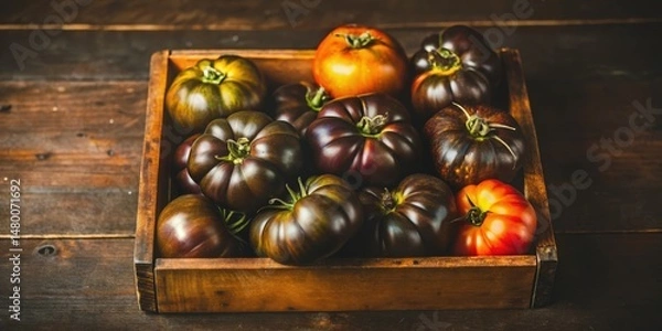 Obraz A wooden crate overflowing with a medley of heirloom tomatoes, their skins ranging from deep purple to a vibrant green, showcasing the beauty of nature's harvest.