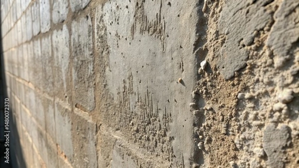 Obraz A textured, close-up shot of an unfinished, grey cinder block wall with rough mortar and a diagonal perspective.
