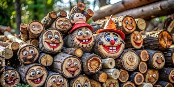 Obraz A whimsical collection of wooden logs with painted faces, showcasing a variety of expressions and emotions, creating a playful and cheerful display of forest art.