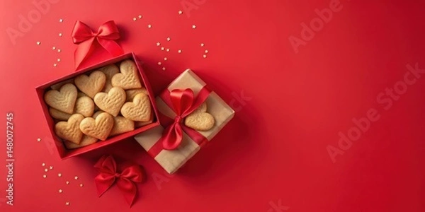 Obraz Heart-Shaped Cookies in a Red Box with a Gold Star Sprinkled Background and a Brown Gift Box Decorated with a Red Ribbon Bow