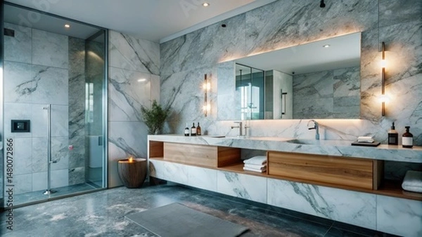 Obraz A modern bathroom with a sleek vanity and a large mirror, showcasing a luxurious and minimalist design aesthetic