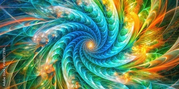 Obraz A swirling symphony of color and light, with vibrant hues of blue, green, and orange creating a mesmerizing fractal pattern.