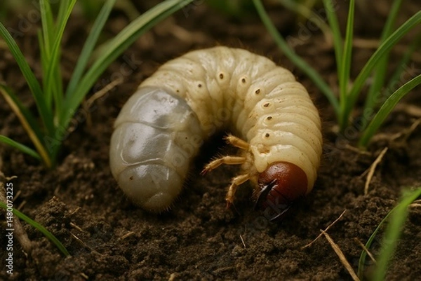 Fototapeta Curled grub worm displaying its shiny head sits amidst soil and tiny grass blades
