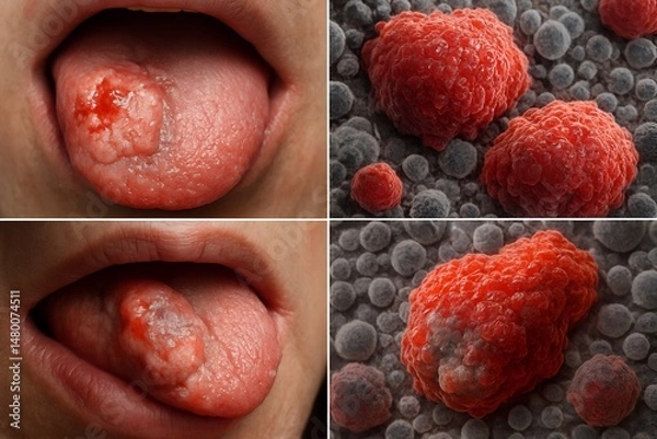 Fototapeta Tongue displays ulcerated cancerous lesion accompanied by tumor cells in a fourpanel comparison