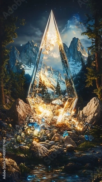Obraz Monumental crystalline structure amidst a serene mountainous landscape and forest