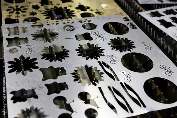 Fototapeta Various shape metal perforated steel made from automatic and high precision laser cutting process in industrial at factory.