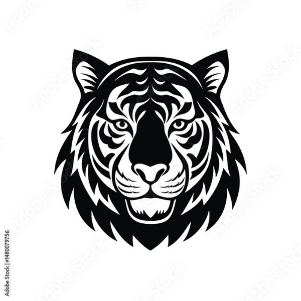 Fototapeta Vector black and white illustration of tiger head logo style isolated on a white background.a black and white tiger silhouette with distinctive face pattern.