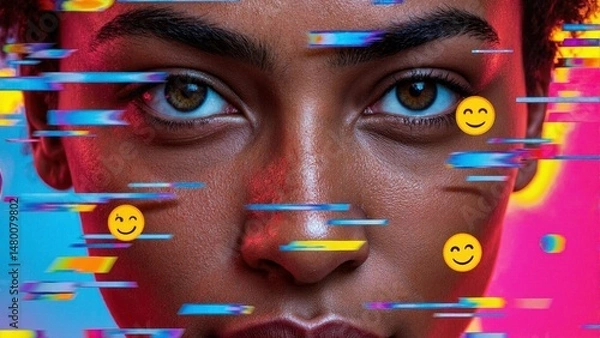 Obraz A woman's face is blurred and has a lot of smiley faces on it