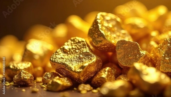 Fototapeta Close-up of glittering golden nuggets, showcasing their rich texture and color , closeup, shine