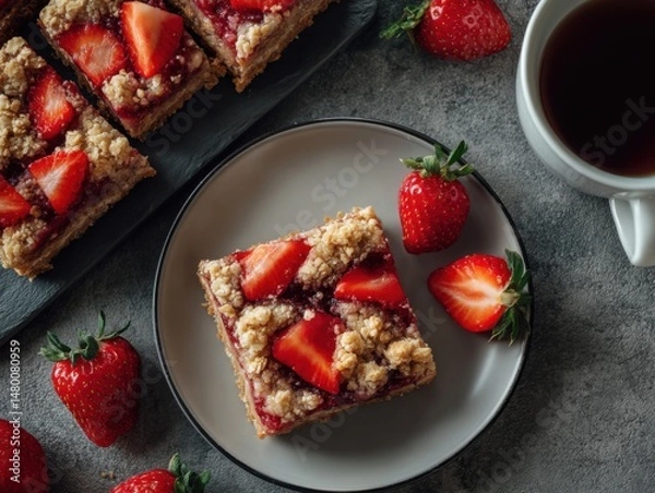 Obraz Overhead shot of homemade strawberry crumble bars on plate with tea for breakfast or dessert food photography