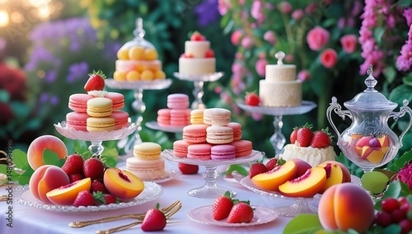 Obraz Cake with fruits and berries, food on table in garden