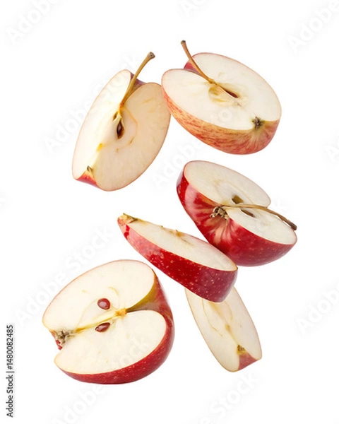 Fototapeta Falling red apple slices isolated on transparent background.