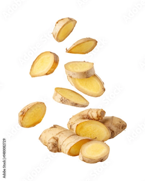 Fototapeta Falling ginger slices isolated on transparent background.