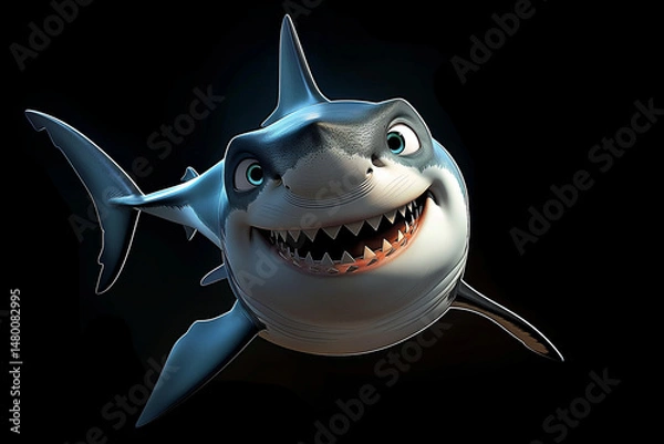 Fototapeta Smiling cartoon shark with sharp teeth and big eyes swims against dark background, showing playful and friendly expression in 3D style