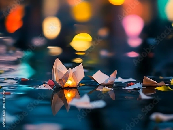 Fototapeta Tranquil serenity of handmade lanterns on water, creating calming reflections