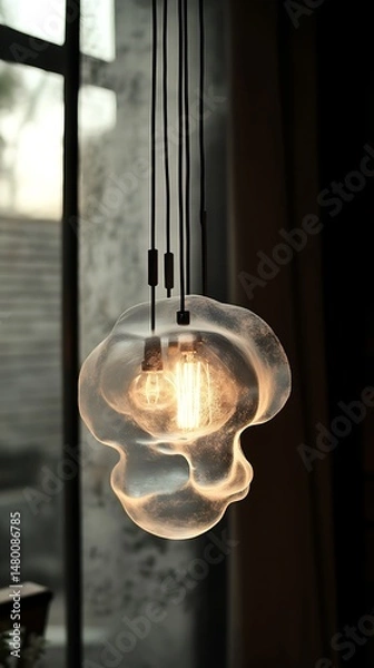 Obraz Pendant lamp with sculptural glass shade in a modern interior setting near window