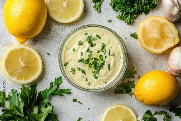 Obraz Overhead shot of creamy lemon sauce with fresh parsley in glass bowl surrounded by lemons and garlic on a textured surface