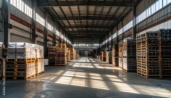 Obraz Spacious Warehouse Interior with Pallets and Natural Light Streaming
