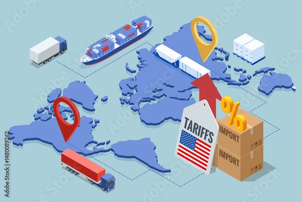 Obraz Isometric showing rising US import tariffs, affecting global logistics with plane, cargo ship, truck, and map route symbolising Import tariffs, trade war and economic conflict