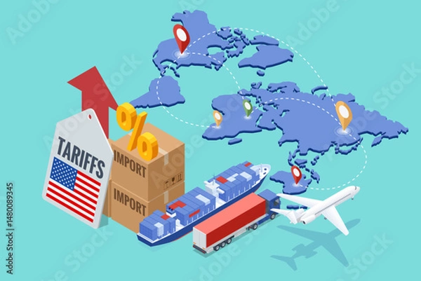 Obraz Isometric showing rising US import tariffs, affecting global logistics with plane, cargo ship, truck, and map route symbolising Import tariffs, trade war and economic conflict