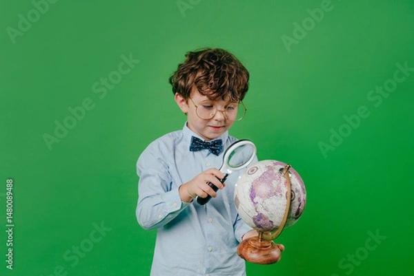 Obraz Happy preschool boy looking at the globe through a magnifying glass standing over green background