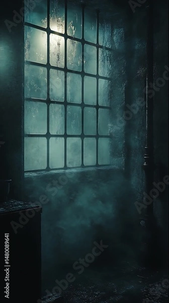 Fototapeta Eerie window in an abandoned building, with fog illuminated by faint light