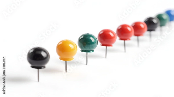 Obraz Push pins isolated on white background,collection of various pushpins on white background , multi-colored paper clips