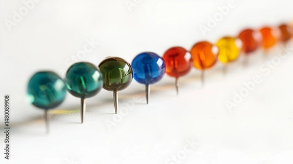 Obraz Push pins isolated on white background,collection of various pushpins on white background , multi-colored paper clips