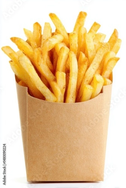 Fototapeta Golden French Fries Overflowing from a Brown Paper Container on White Background Studio Shot Close Up Ready to Eat