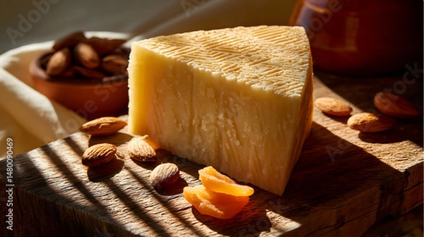 Fototapeta Manchego Cheese Wedge with Almonds and Dried Apricots on Rustic Wood Surface in Sunlight