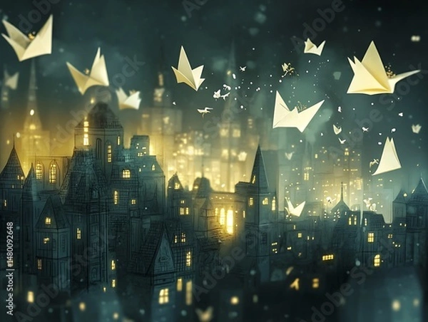 Obraz A Mystical Cityscape with Illuminated Buildings and Floating Paper Origami