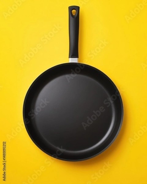 Obraz Black frying pan isolated on yellow background top down view cooking utensil kitchenware cookware minimalist style studio shot