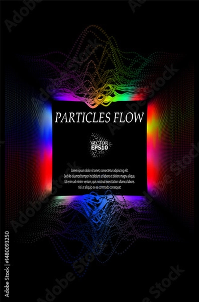 Fototapeta Colored sound waves from particles on a black background. Contrast emphasizes the difference in structure. Abstract style, sound design, data visualization.