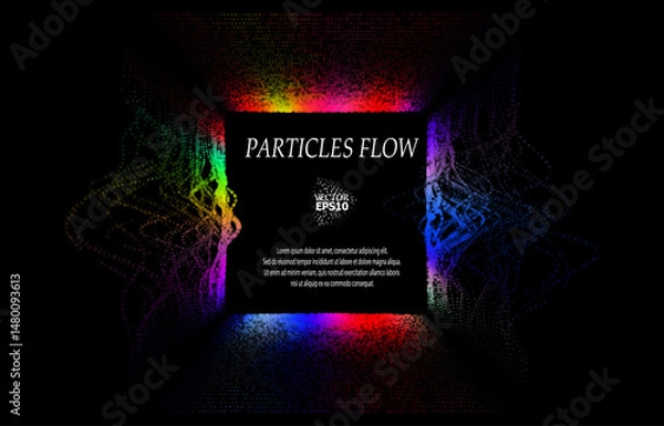 Fototapeta Colored sound waves from particles on a black background. Contrast emphasizes the difference in structure. Abstract style, sound design, data visualization.