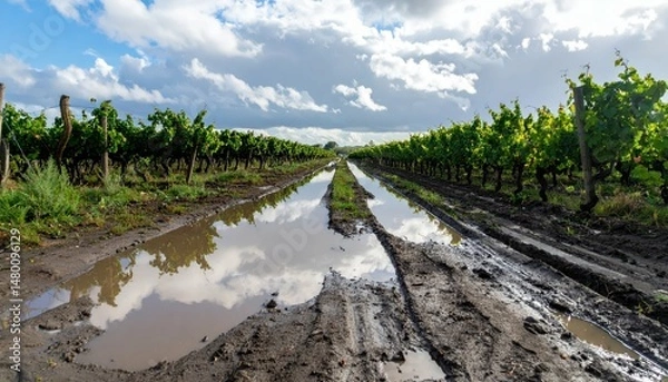 Fototapeta Tranquil Vineyard Pathway Under Dramatic Sky After Rain Shower