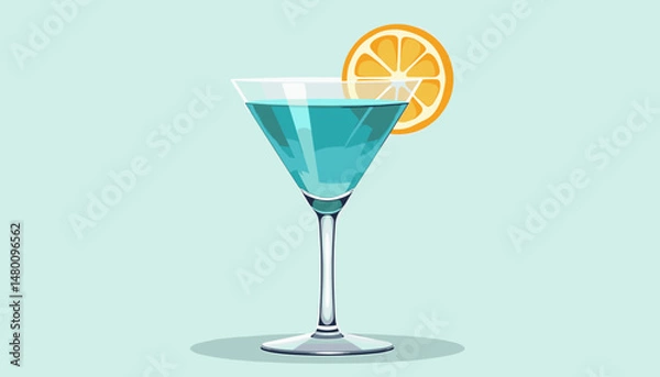 Fototapeta Blue cocktail in a glass with citrus garnish on light green, with copy space