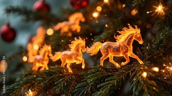 Obraz A Christmas tree with a horse ornament on it