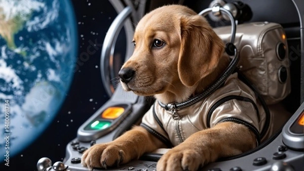 Obraz A dog is wearing a space suit and is sitting in a spaceship
