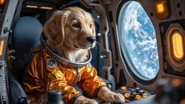Obraz A dog is wearing a space suit and is sitting in a spaceship