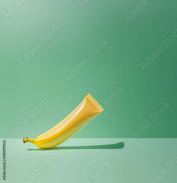 Fototapeta A banana in the shape of a tube of pomade on a light green background.