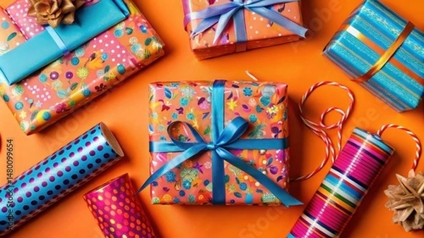 Fototapeta A vibrant arrangement of colorful gift boxes, featuring a mix of patterned papers and blue satin ribbons, all set against a bright orange background.