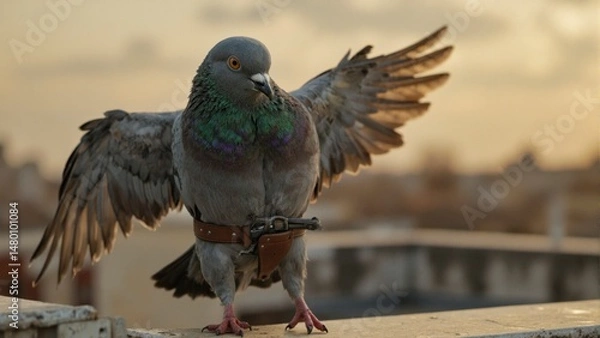 Obraz A pigeon with a gun strapped to its leg stands on a ledge