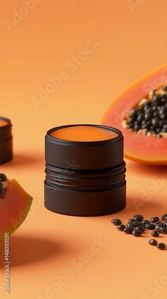 Obraz Cylindrical container with orange cream, alongside papaya slices and seeds on orange backdrop