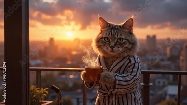 Obraz A cat is wearing a robe and holding a cup of coffee