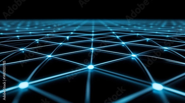 Fototapeta Blue Glowing Geometric Network Grid on Dark Digital Background