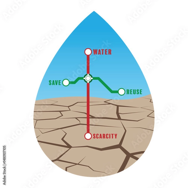 Obraz Conceptual illustration of water scarcity: a water drop with cracked earth and a subway-style path showing choices. Save or Reuse water, or face Scarcity. Highlights urgent conservation.