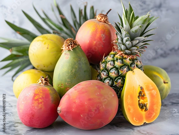 Obraz Whole and sliced tropical fruits including mango, pineapple, and papaya