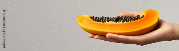 Obraz Ripe papaya slice, vibrant orange flesh, dark seeds, held gently in a hand