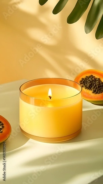 Obraz A lit, yellow candle in a clear glass container, next to halved papayas, sits on a white surface.  Sunlight casts shadows